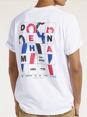 Denham Jeans White Tee with Red, Blue and Black Graphic Back Print